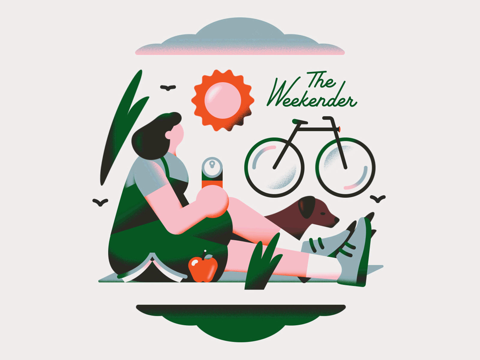 Weekend Vibes animation cycling dog flat gif girl gradient holiday illustration line art minimal nature outdoor pastel picnic simple soft texture vector weekend