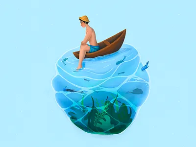 far from world blue boat digitalart fish illustration ocean procreate underwater