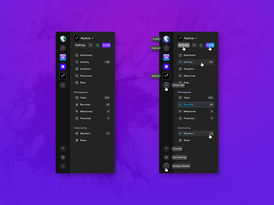 Sidebar UI for web3 DAO project management tool clicked state dao dark mode dark theme dashboard figma hover states multi nav nav bar navbar navigation ui product design project management settings side menu sidebar tooltip ui web3 wonder