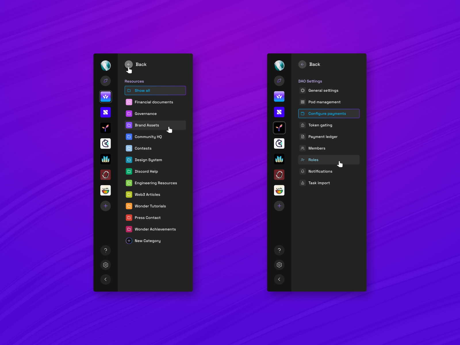Sidebar UI for web3 DAO project management tool by Ben Kókolas on Dribbble