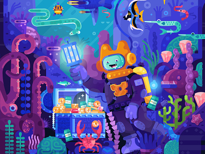 Crypto Cat Treasures bottom cat character concept cover crypto deep design diver diving flat game design gaming illustration magazine puzzle sea under underwater world