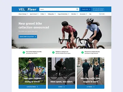 Bicycle webshop for VeloFixer bicycle big blue clean design ui ux ux design web webdesign webshop white