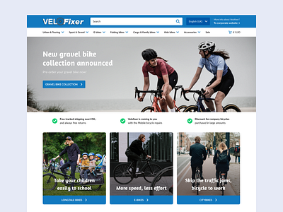 Bicycle webshop for VeloFixer bicycle big blue clean design ui ux ux design web webdesign webshop white