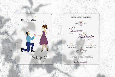 Wedding invitation_She said YES! blue colors date design dress filings fonts he asked hearts illustration lines page layout ring she said yes special day suit violet wedding wedding day