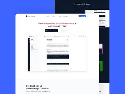 Livebook Website Design 2022 cloud code coding collaboration design dribbble elixir flat design livebook minimal nepal notebook open source oss programmer saas ui