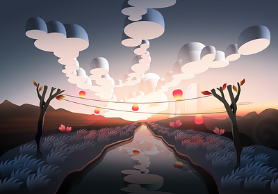 Lantern Valley byrotek clouds illustration landscape lanterns painting