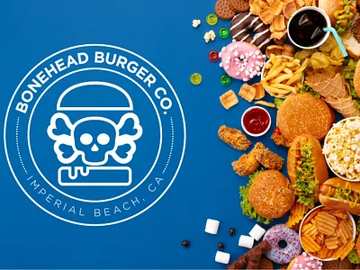 BONEHEAD BURGER COMPANY bbq bonehead bonehead burger company bonehead logo burger burgerlogo creative design custom design logo design modren logo professional logo restaurant skull skullburger skullburgerlogo unique logo