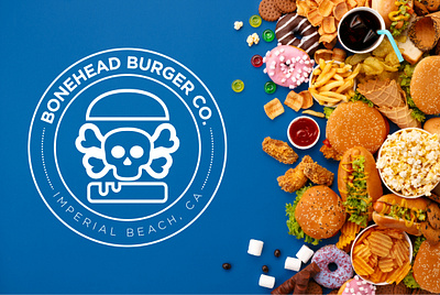 BONEHEAD BURGER COMPANY bbq bonehead bonehead burger company bonehead logo burger burgerlogo creative design custom design logo design modren logo professional logo restaurant skull skullburger skullburgerlogo unique logo