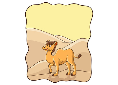 Cartoon illustration camel walking in the desert smile