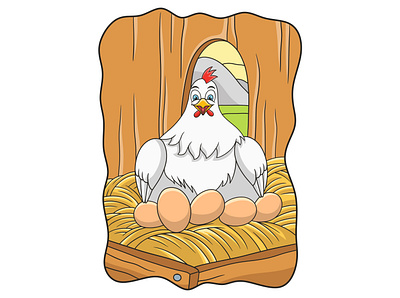 Cartoon illustration a hen is incubating her eggs in her cage feather