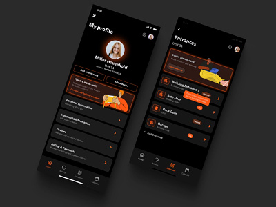 Profile + settings app black card dark design interface mobile orange product profile settings ui ux