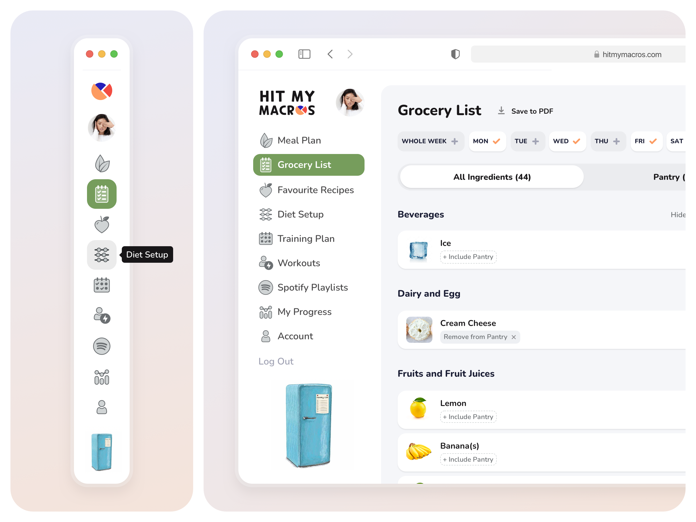 Grocery List | Hit My Macros app calories calories counter clear dashboard dashboard diet app diet plan fitness tracker grocery list healthcare icons interface left menu menu minimal navigation nutrition sidebar ui ux