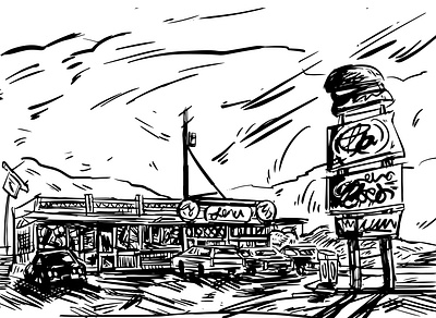 Abandoned City black and white digital ink ink drawing old sign procreate quick sketch roadside diner
