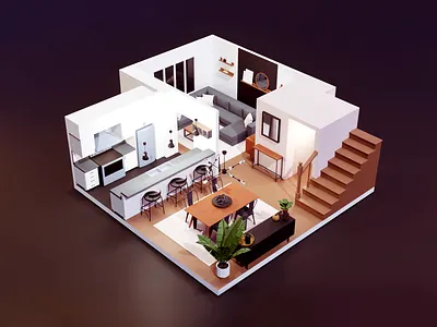 Main 3d blender dining room diorama floor plan kitchen living room