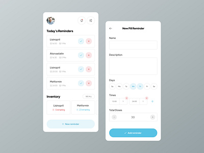 Pill Reminder App UI alarm app app design blue cyan field flat form inventory medicine medicine reminder minimal mobile picker pill pill reminder reminder time picker ui uidesign