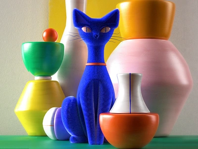 Cat and Vases 3d 3d animation 3d cat 3d character 3d illustration animation art direction blue cat c4d cat cgi cute cat design digital art drawing illustration loop motion graphics vase