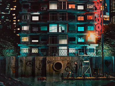 SLUM HOUSE 3d future illustration night slum house