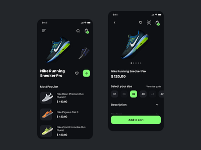 Sneaker Mobile app Screens app dark dark mode dark theme design mobile mobile app sneaker ui