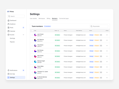 Members — Prima button component components design system input field kit library members list menu navigation platform settings table ui ui kit uikit uilibrary user list users ux