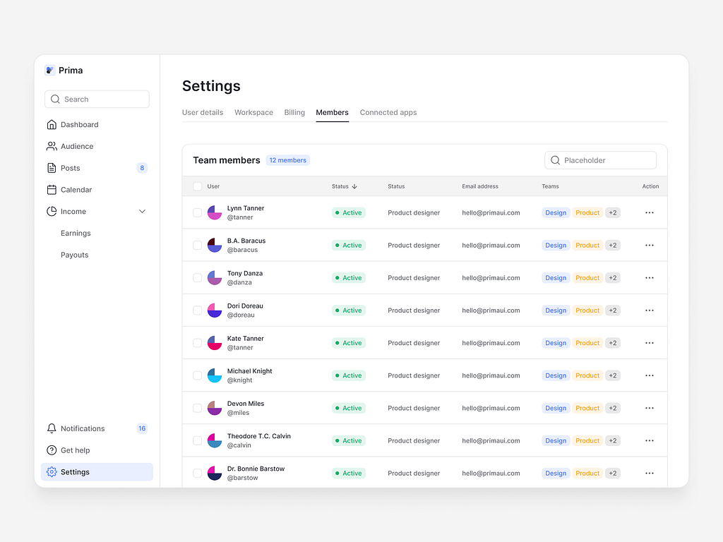Members — Prima by Gunnar on Dribbble