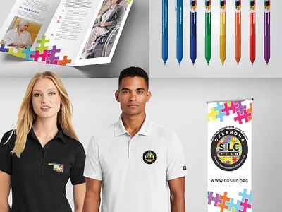 Oklahoma SILC apparel banner brochure collateral embroidery pens promotional retractable table cloth table skirt