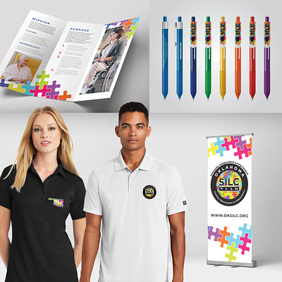 Oklahoma SILC apparel banner brochure collateral embroidery pens promotional retractable table cloth table skirt