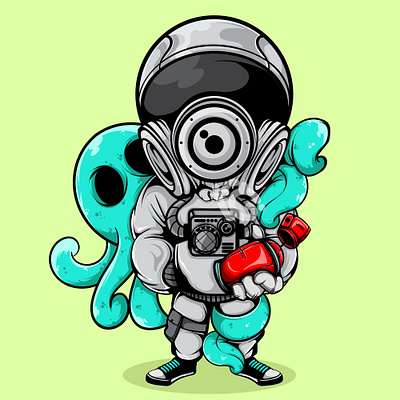 THE ASTRO AND ZOMBIE OCTOPUS art artprint astronaut cartoon character design doodle graffiti illustration logo mascot space vector