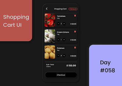 Day #058 : Shopping Cart UI 100daysofui 3d animation branding dailyui design figma graphic design icon illustration logo motion graphics typography ui ux