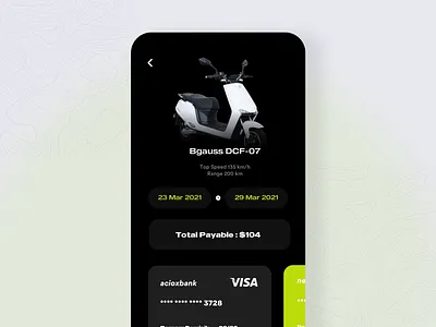 Scooter Booking and Rentals with checkout and payment cards aether app colors design e scooter ecommerce like ola product design rentals scooter select dates selector share top trending ui