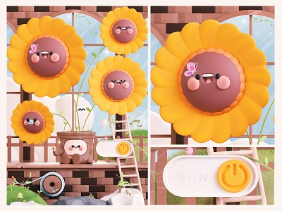 Kawaii Sunflowers 3d animal 3d butterfly c4d character 3d clouds kawaii design flowers garden 3d greenhouse illustration 3d japan kawai kawaii love nature plants sun sunflower ui