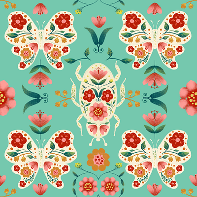 vintage floral butterfly pattern beetle bugs butterfly design floral hand drawn illustration pattern vintage