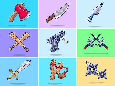 Weapon collection🔪🪓⚔️🔫 ax cute danger fighting gun icon illustration iron katana knife logo shuriken stick stuff sword war weapon wood