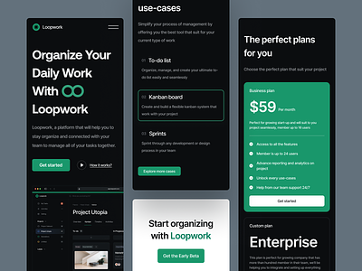 Loopwork — Project Management Mobile Responsive board dark darkmode design kanban kanban board management mobile mobile responsive mobile view project project management responsive responsive design responsive website team ui website design work