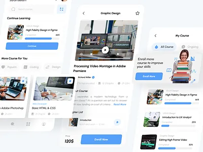 Online Course Mobile App card chapter clean course design enroll flat header learn minimal mobile app play progress ui ui mobile user interface ux video