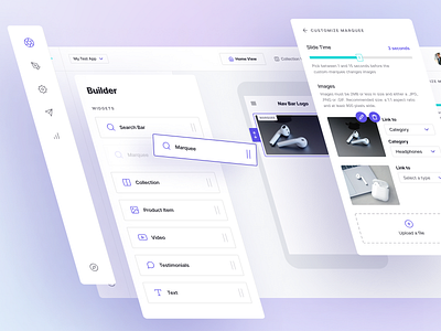 Widgets UI blue builder clean dashboard drag and drop elegant figma minimal mobile app modern product design ui ui design user interface violet web app white