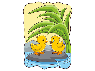 Cartoon illustration Two ducks are on a rock in the middle play