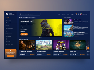 Steam Redesign Concept dashboard design digital game game games play game playing redesign software steam steam design ui ui design uiux video video game web web layout webdesign