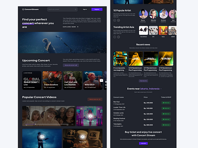 Concert Stream - Find Concert Online Website app concert landingpage concert website design graphic design landingpage logo music landingpage music website streaming landingpage streaming website typography ui ux w web