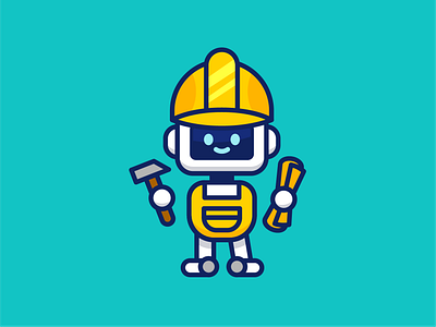 Construction Robot Logo Mascot android cartoon character construction creation cute design developer flat funny graphic design icon illustration logo mascot minimal outline robot simple work in progress