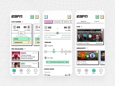 ESPN Sports in a Brutalist style adobe xd app design app development app ui design black or white backgrounds bold brutalism dailyui espn figma mobile app modern redesgin sports ui uidesign uiux userinterface ux ux minimalists