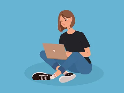 Girl with laptop blue character girl illustration laptop work