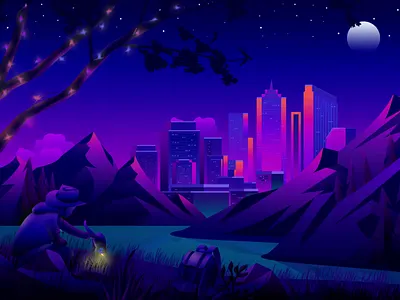 Adventurer and Cat adventurer art work camping cat environment explore illustration lake landscape illustration magazine moon mountain nature neon lights outdoor package travel tree wallpaper web