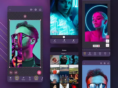 Photo Editing App «Pixomatic» app brush clean crop dark delete eraser flat icon illustration layers mobile modern photo photography refine scroll text ui ux