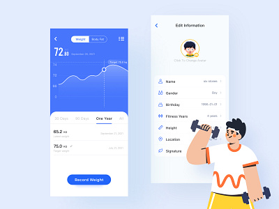 One More-Live up to every training app blue branding design gym illustration ui ux vector 体重记录 健身 哑铃 图标 杠铃 训练 身体健康 运动 重量