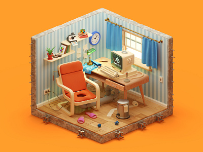 The perfect designer's workspace 3d blender chair challenge design designer house illustration interior isometric isometry madrabbit model modeling pc render retro room soft table