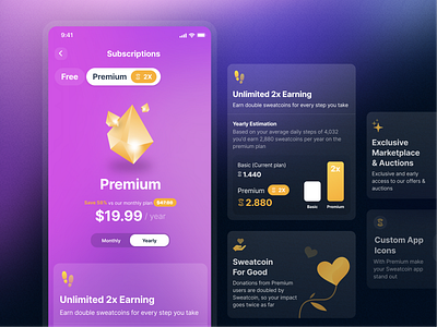 Sweatcoin - Premium Subscription ✨ 3d donation earn earning illustration illustrator market marketplace paid payment plan premium price price plan pricing subscription sweatcoin ui ux walking