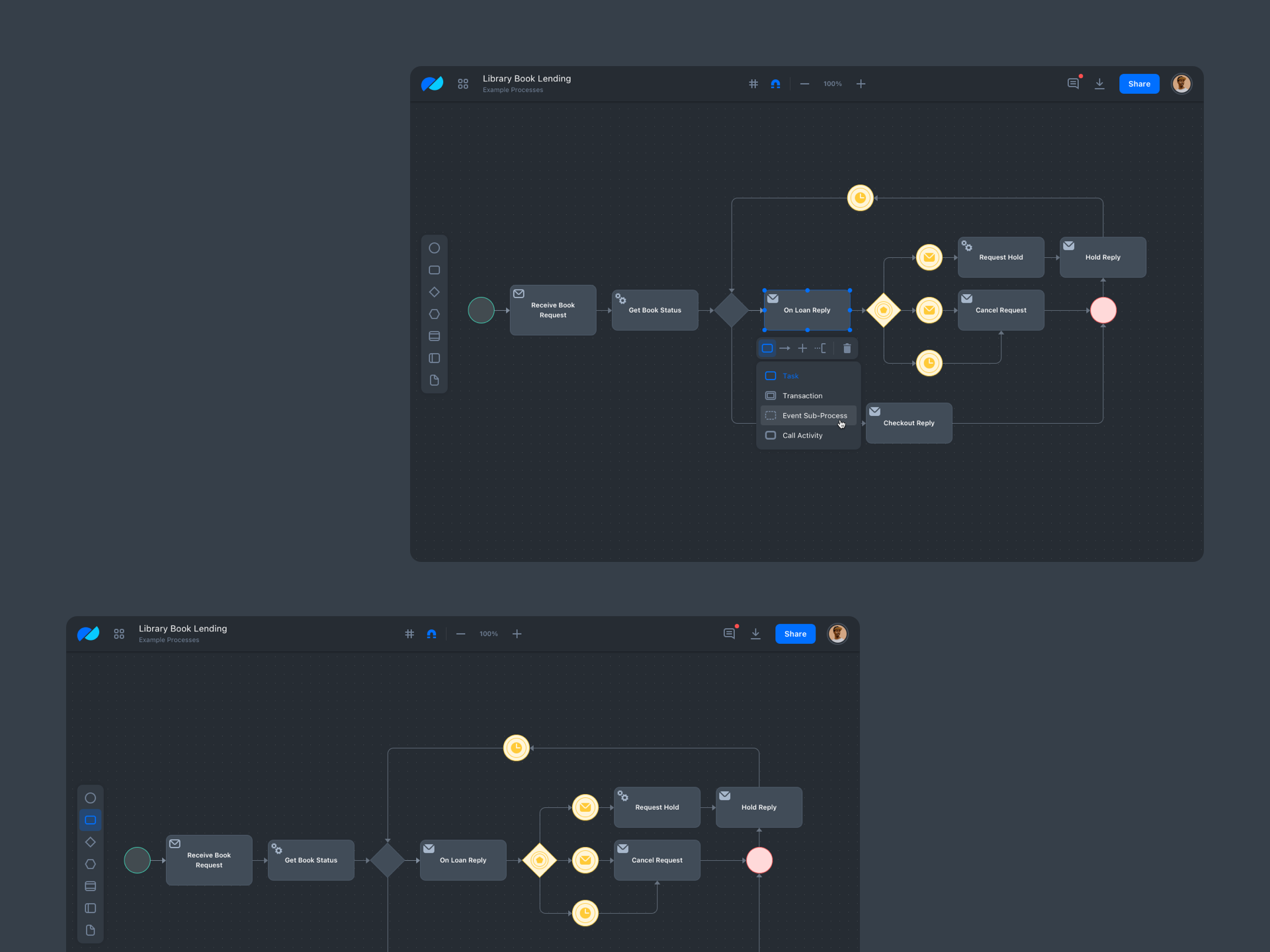 BPMN Editor UI / WIP #3 / Dark Mode app application bpmn bpmn editor canvas clean dark darkmode design editor grid layout mode modeling process tool uidesign uiux userinterface