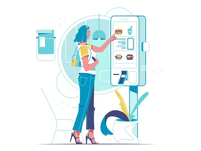 Payment via terminal background branding business cartoon design illustration logo person ui vector