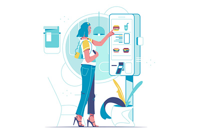 Payment via terminal background branding business cartoon design illustration logo person ui vector