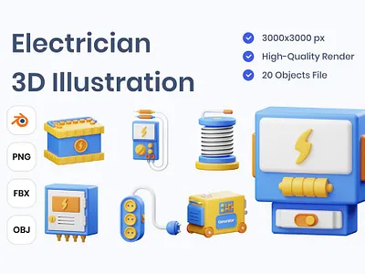 Electrician 3D Illustration 3d 3d animation 3d art 3d illustration analyzer electrician employee engineer generator graphic icons illustration lightning maintenance page parameter repair suit switch